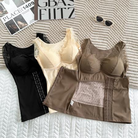 FA45236# 大码塑形束腰保暖内衣蚕丝陶瓷固定杯带排扣收腹打底蕾丝背心 服裝批發女裝批發服飾貨源