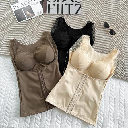 FA45236# 大码塑形束腰保暖内衣蚕丝陶瓷固定杯带排扣收腹打底蕾丝背心 服裝批發女裝批發服飾貨源