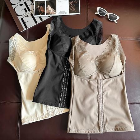 FA45236# 大码塑形束腰保暖内衣蚕丝陶瓷固定杯带排扣收腹打底蕾丝背心 服裝批發女裝批發服飾貨源