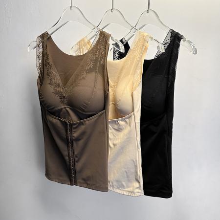 FA45236# 大码塑形束腰保暖内衣蚕丝陶瓷固定杯带排扣收腹打底蕾丝背心 服裝批發女裝批發服飾貨源