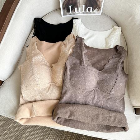 FA45237# 大码V领蕾丝加厚保暖内衣免穿文胸固定杯打底长内搭吊带背心 服裝批發女裝批發服飾貨源