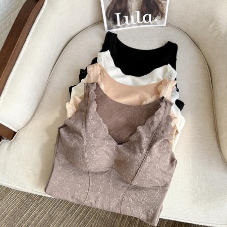 FA45237# 大码V领蕾丝加厚保暖内衣免穿文胸固定杯打底长内搭吊带背心 服裝批發女裝批發服飾貨源