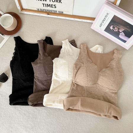 FA45237# 大码V领蕾丝加厚保暖内衣免穿文胸固定杯打底长内搭吊带背心 服裝批發女裝批發服飾貨源