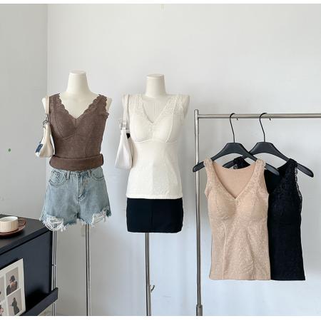 FA45237# 大码V领蕾丝加厚保暖内衣免穿文胸固定杯打底长内搭吊带背心 服裝批發女裝批發服飾貨源