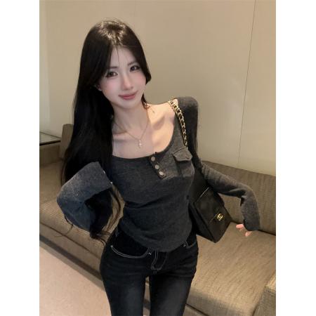 FA45246# 复古辣妹口袋长袖正肩显瘦休闲打底衫上衣 服裝批發女裝批發服飾貨源