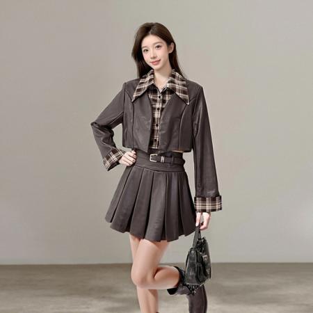 FA45250# 美式辣妹气质假两件格子皮衣夹克外套短裙秋冬小个子套装 服裝批發女裝批發服飾貨源