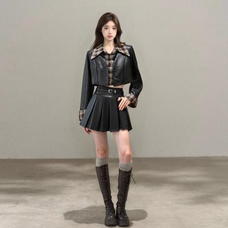 FA45250# 美式辣妹气质假两件格子皮衣夹克外套短裙秋冬小个子套装 服裝批發女裝批發服飾貨源