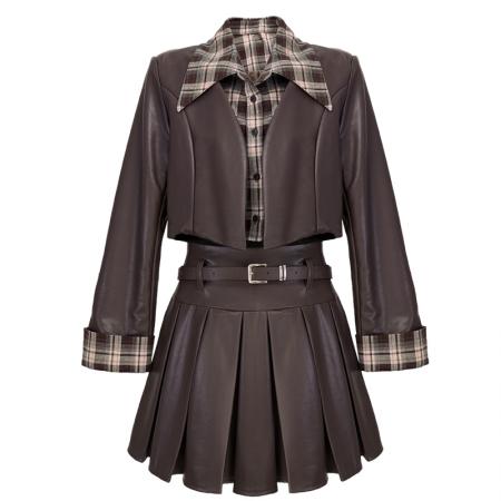 FA45250# 美式辣妹气质假两件格子皮衣夹克外套短裙秋冬小个子套装 服裝批發女裝批發服飾貨源