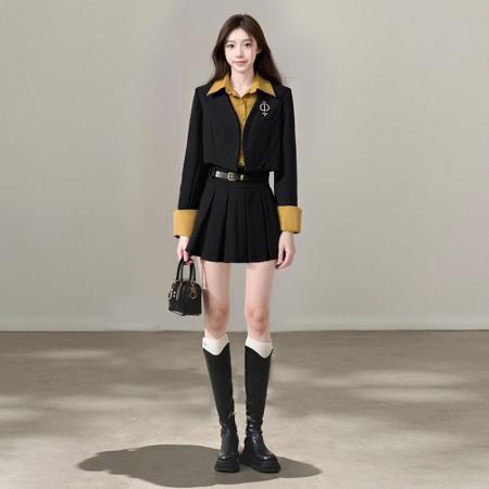 FA45251# 复古韩版小众套装女秋冬加厚撞色毛呢假两件短外套百褶裙 服裝批發女裝批發服飾貨源