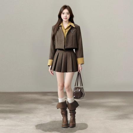FA45251# 复古韩版小众套装女秋冬加厚撞色毛呢假两件短外套百褶裙 服裝批發女裝批發服飾貨源