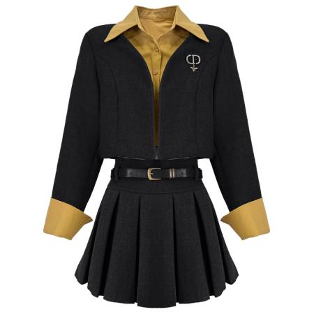 FA45251# 复古韩版小众套装女秋冬加厚撞色毛呢假两件短外套百褶裙 服裝批發女裝批發服飾貨源