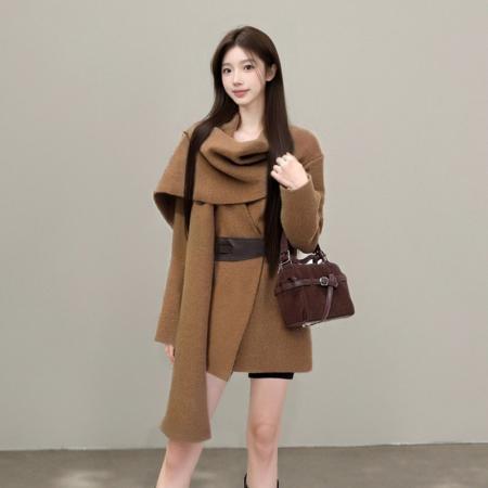 FA45252# 韩系气质松弛氛围感围巾领气质慵懒针织开衫外套短外套配腰带 服裝批發女裝批發服飾貨源