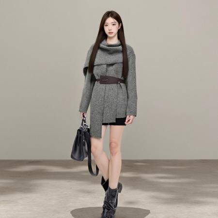 FA45252# 韩系气质松弛氛围感围巾领气质慵懒针织开衫外套短外套配腰带 服裝批發女裝批發服飾貨源