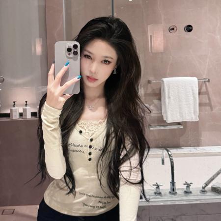 FA45254# 人棉千禧古早字母印花小上衣简约v领蕾丝休闲百搭长袖秋 服裝批發女裝批發服飾貨源