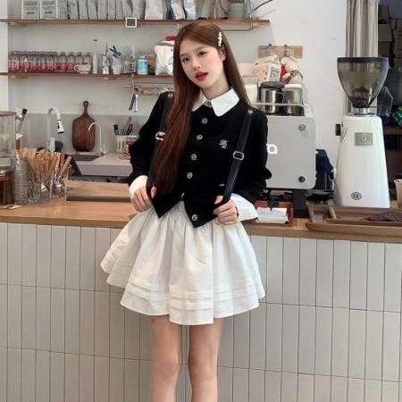 FA45255# 秋新款撞色绣花拼接白色衬衣领假两件针织开衫毛衣外套 服裝批發女裝批發服飾貨源