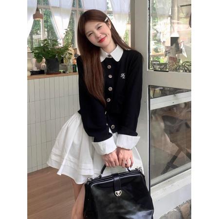 FA45255# 秋新款撞色绣花拼接白色衬衣领假两件针织开衫毛衣外套 服裝批發女裝批發服飾貨源