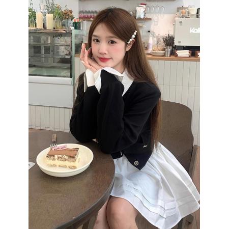 FA45255# 秋新款撞色绣花拼接白色衬衣领假两件针织开衫毛衣外套 服裝批發女裝批發服飾貨源