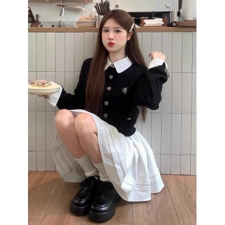 FA45255# 秋新款撞色绣花拼接白色衬衣领假两件针织开衫毛衣外套 服裝批發女裝批發服飾貨源