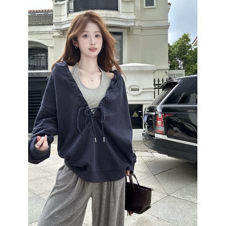 FA45258# 秋季韩系抽褶连帽V领长袖卫衣条纹挂脖背心两件套 服裝批發女裝批發服飾貨源