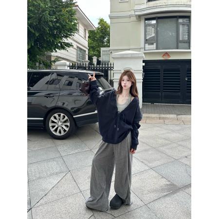 FA45258# 秋季韩系抽褶连帽V领长袖卫衣条纹挂脖背心两件套 服裝批發女裝批發服飾貨源