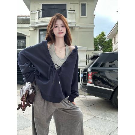 FA45258# 秋季韩系抽褶连帽V领长袖卫衣条纹挂脖背心两件套 服裝批發女裝批發服飾貨源