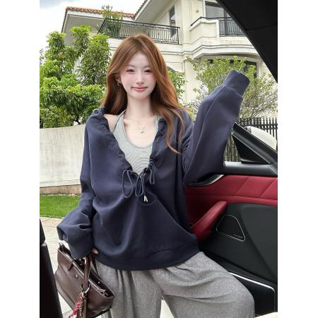 FA45258# 秋季韩系抽褶连帽V领长袖卫衣条纹挂脖背心两件套 服裝批發女裝批發服飾貨源