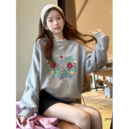 FA45259# 刺绣花朵卫衣新款甜美少女感chic圆领长袖上衣 服裝批發女裝批發服飾貨源