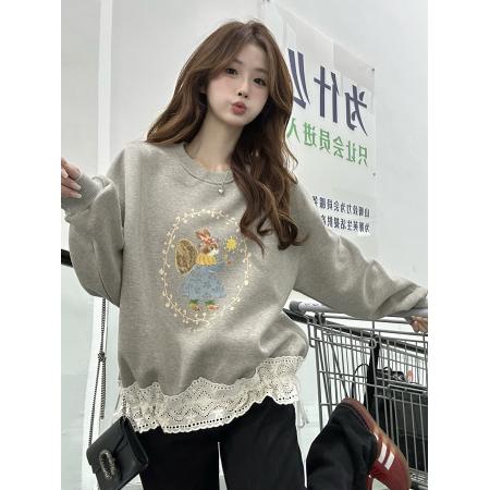 FA45260# 蕾丝拼接圆领卫衣新款秋冬季宽松慵懒长袖上衣 服裝批發女裝批發服飾貨源