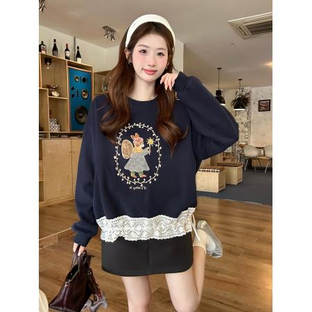 FA45260# 蕾丝拼接圆领卫衣新款秋冬季宽松慵懒长袖上衣 服裝批發女裝批發服飾貨源