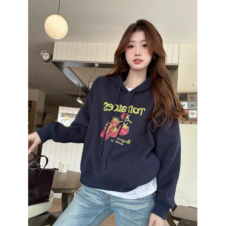 FA45262# 韩系百搭减龄连帽印花长袖卫衣女装秋季上衣 服裝批發女裝批發服飾貨源