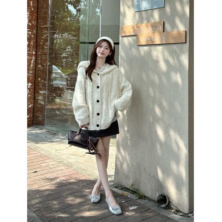 FA45264# 韩版慵懒风连帽麻花毛衣宽松秋冬保暖针织开衫外套上衣 服裝批發女裝批發服飾貨源