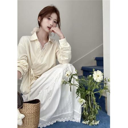 FA45265# 韩版设计感不规则斜系带蕾丝花边拼接长袖衬衫女 服裝批發女裝批發服飾貨源