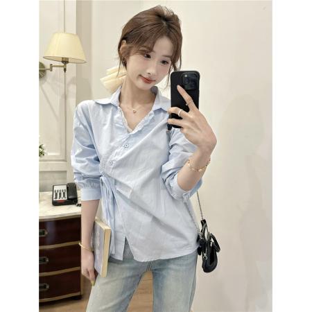 FA45265# 韩版设计感不规则斜系带蕾丝花边拼接长袖衬衫女 服裝批發女裝批發服飾貨源