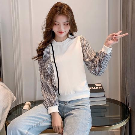 FA45266# 设计感小众灯笼袖超火格子卫衣女新款秋装圆领潮ins上衣薄款 服裝批發女裝批發服飾貨源