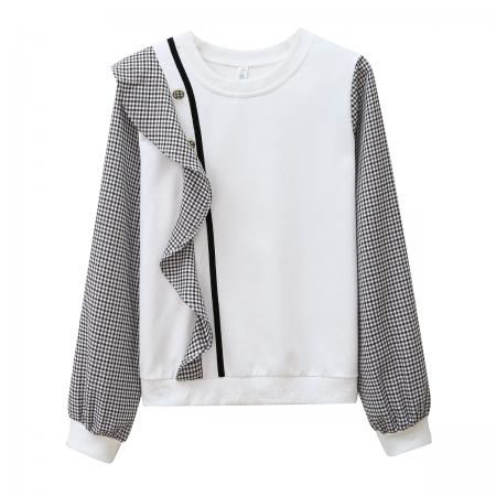 FA45266# 设计感小众灯笼袖超火格子卫衣女新款秋装圆领潮ins上衣薄款 服裝批發女裝批發服飾貨源
