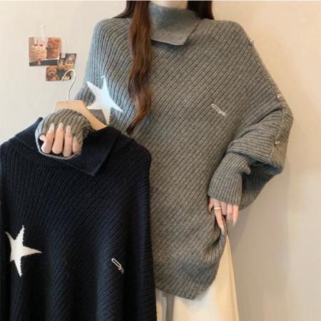 FA45268# 灰色高领斗篷上衣女新款设计感小众慵懒风不规则长袖针织衫毛衣秋 服裝批發女裝批發服飾貨源