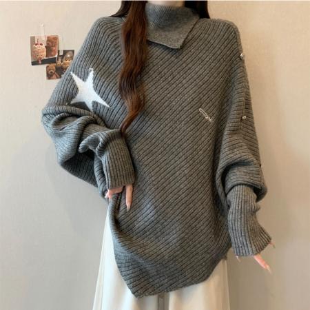 FA45268# 灰色高领斗篷上衣女新款设计感小众慵懒风不规则长袖针织衫毛衣秋 服裝批發女裝批發服飾貨源