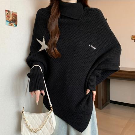 FA45268# 灰色高领斗篷上衣女新款设计感小众慵懒风不规则长袖针织衫毛衣秋 服裝批發女裝批發服飾貨源