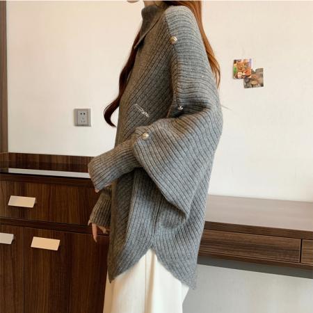 FA45268# 灰色高领斗篷上衣女新款设计感小众慵懒风不规则长袖针织衫毛衣秋 服裝批發女裝批發服飾貨源