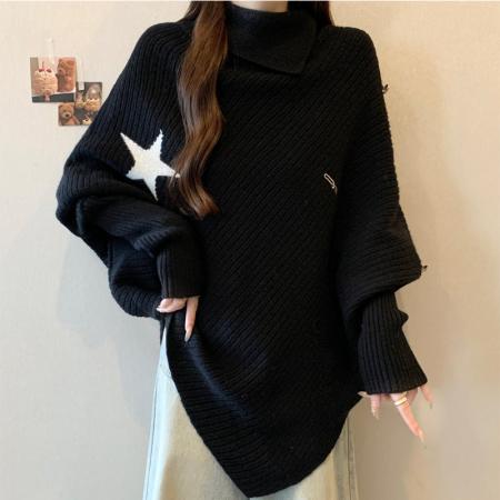 FA45268# 灰色高领斗篷上衣女新款设计感小众慵懒风不规则长袖针织衫毛衣秋 服裝批發女裝批發服飾貨源