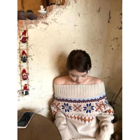 FA45269# 时尚新款一字领针织毛衣女软糯慵懒风撞色提花宽松长袖上衣潮 服裝批發女裝批發服飾貨源