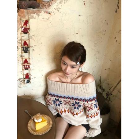 FA45269# 时尚新款一字领针织毛衣女软糯慵懒风撞色提花宽松长袖上衣潮 服裝批發女裝批發服飾貨源