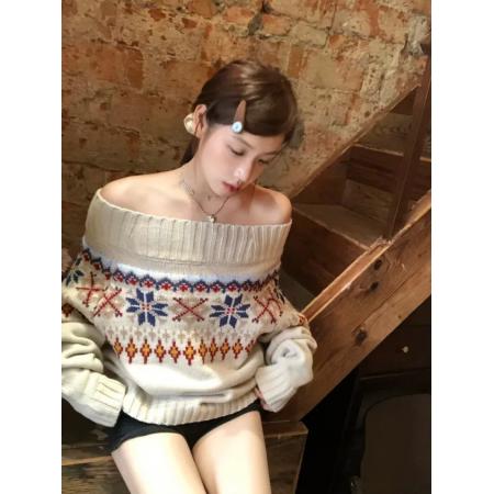 FA45269# 时尚新款一字领针织毛衣女软糯慵懒风撞色提花宽松长袖上衣潮 服裝批發女裝批發服飾貨源