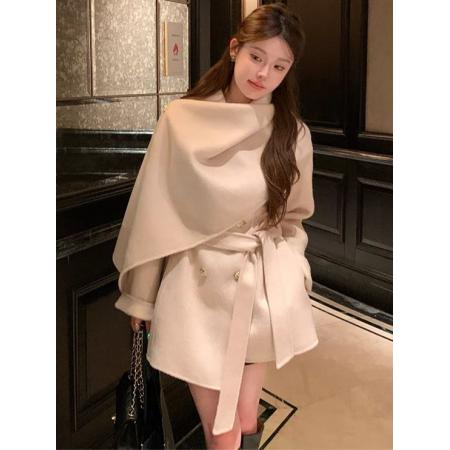 FA45271# 千金穿搭高级感披肩围巾斗篷呢子大衣温柔毛呢外套女秋冬夹棉加厚 服裝批發女裝批發服飾貨源