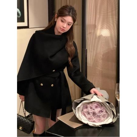 FA45271# 千金穿搭高级感披肩围巾斗篷呢子大衣温柔毛呢外套女秋冬夹棉加厚 服裝批發女裝批發服飾貨源