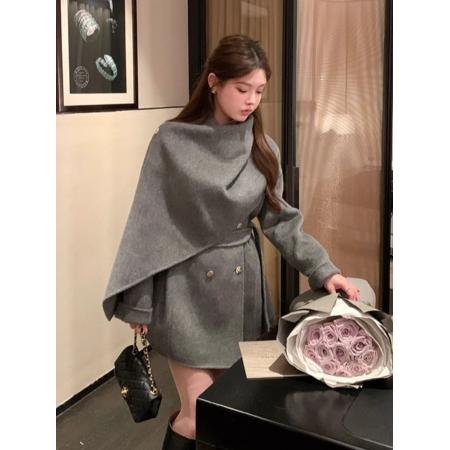 FA45271# 千金穿搭高级感披肩围巾斗篷呢子大衣温柔毛呢外套女秋冬夹棉加厚 服裝批發女裝批發服飾貨源