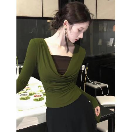 FA45272# 秋冬纯欲甜辣妹绿色荡领正肩长袖上衣收腰显瘦假两件打底衫女内搭 服裝批發女裝批發服飾貨源