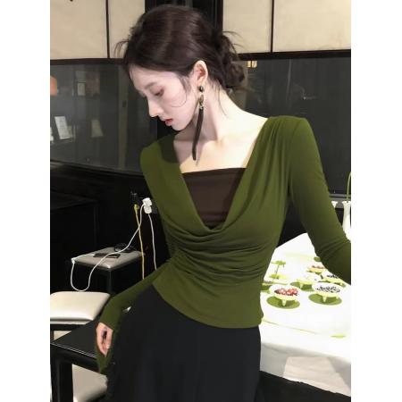 FA45272# 秋冬纯欲甜辣妹绿色荡领正肩长袖上衣收腰显瘦假两件打底衫女内搭 服裝批發女裝批發服飾貨源