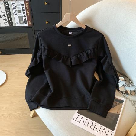 FA45274# 秋季新款时尚荷叶边设计长袖卫衣女纯色温柔气质百搭上衣 服裝批發女裝批發服飾貨源