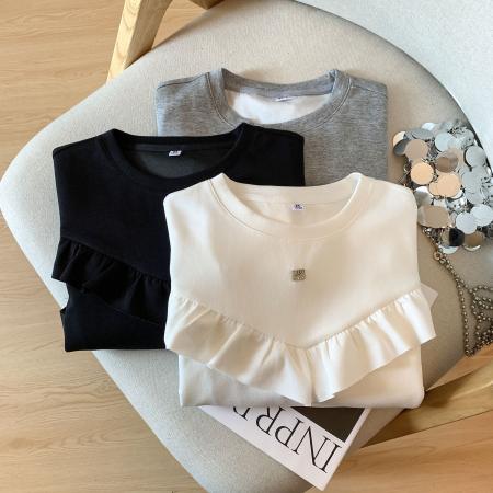 FA45274# 秋季新款时尚荷叶边设计长袖卫衣女纯色温柔气质百搭上衣 服裝批發女裝批發服飾貨源